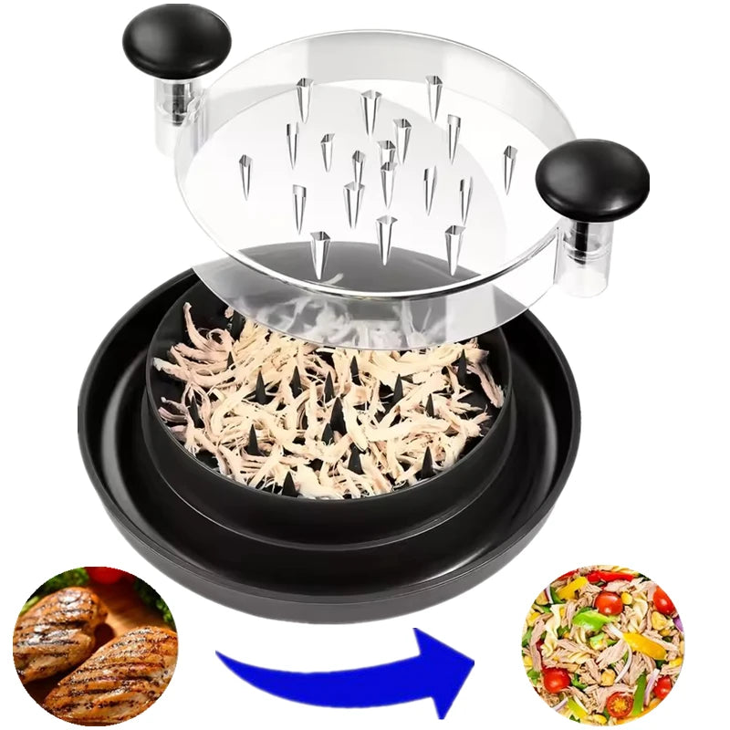 Desmenuzador de pollo con tapa visible y triturador de carne giratorio